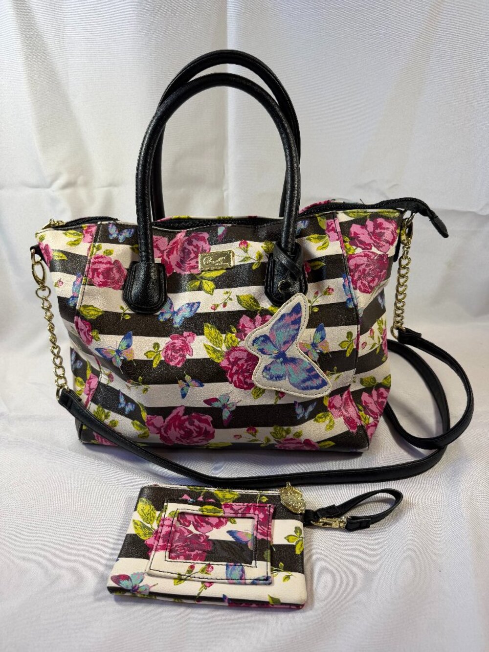 Betsey Johnson Striped Rose & Butterfly Satchel W/ Matching Coin Purse, EUC